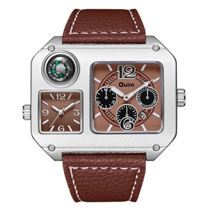 Orologio al quarzo da uomo con quadrante dual-time grande, cinturino in pelle marrone e argento