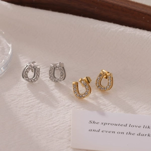 Fashion Minimalist Stainless Steel Horseshoe Stud Earrings With Sparkling Zirconia Pavé U Shape Lucky Jewelry For Women