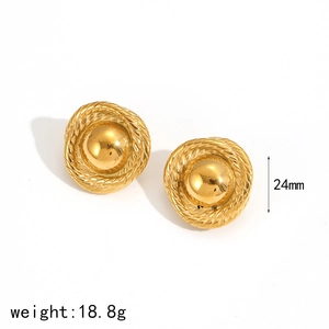 Golden geometric round stud earrings with twisted rope texture and 24mm diameter