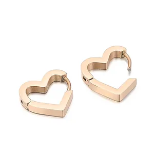 Minimalist heart-shaped rose gold stainless steel hoop earrings with brushed finish