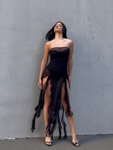 Sexy Tube Top Midi Dress With Mesh Stitching And Irregular Ruffle Hem See Through Bodycon Party Clubwear For Women
