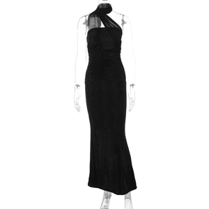 Detail of the chic halter neckline and pleated bodice on a black bodycon maxi dress