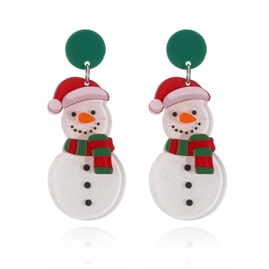 Festive Christmas snowman earrings with red hat and green scarf on white background