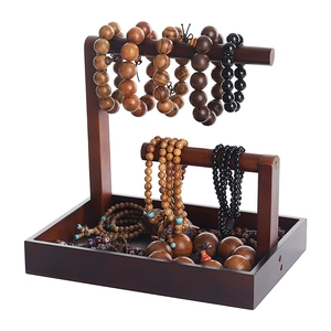 Double-tier solid wood jewelry display stand for bracelets and necklaces with base tray