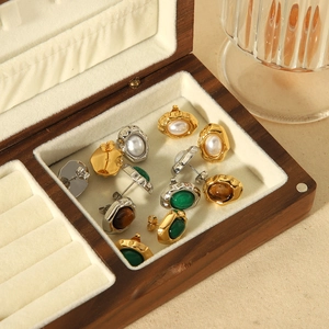 Boucles D'oreilles Puces En Acier Inoxydable À Texture De Lave Irrégulière Vintage Avec Pierre Naturelle Et Künstliche Perle Pour Femmes