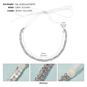 Detail of double-row rhinestone bridal hairband with dimensions and close-up craftsmanship