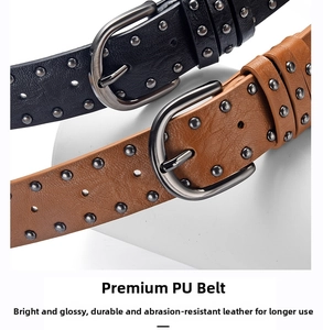 Detail of premium PU leather belts with double rows of silver metal studs and D-ring buckles