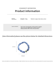 Close-up of beaded bracelet showing 8mm blue stone beads and detailed size measurements