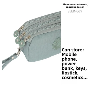Detailed view of the triple zipper compartments on grey-blue water-resistant nylon phone bag
