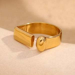 Minimalist 18K gold plated stainless steel open ring with geometric bar and sphere
