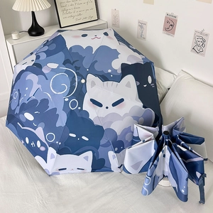 Cute Cartoon Cat Foldable Umbrella UV Protection Sun Rain Dual Use Portable Pongee Black Coating Automatic