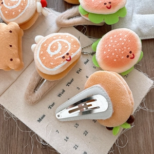 Cute plush food-shaped BB hair clips with hamburger and biscuit designs for women