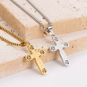 Minimalist stainless steel cross pendant necklace with engraved prayer in gold and silver