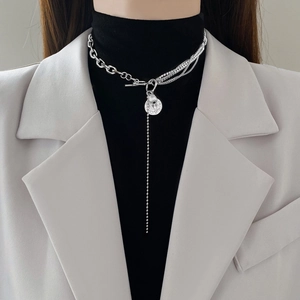 Layered Necklace Stainless Steel Rhinestone Artificial Pearl Coin Pendant Toggle Clasp Retro Fashion Jewelry For Women