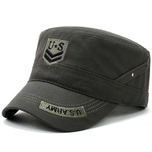 Olive green cotton cadet cap with military embroidery and star patches for outdoor sun protection