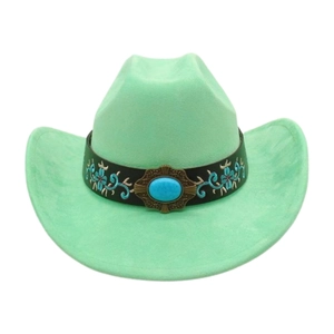 Mint green cowboy hat with embroidered leather band and turquoise stone accent
