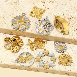 French style gold and silver stainless steel flower and leaf pendants with zircon details