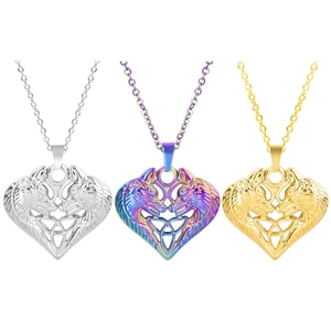Three-color wolf head heart pendant necklaces in gold, silver, and iridescent steel finish