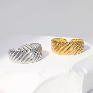 Croissant Open Ring Stainless Steel 18K Gold Plated Adjustable Twisted Ribbon Texture Minimalist Jewelry For Women