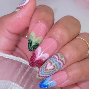Press On Nails Long Almond Heart Cat Eye Glitter Removable False Nails Sweet Girl Fashion Artificial Manicure