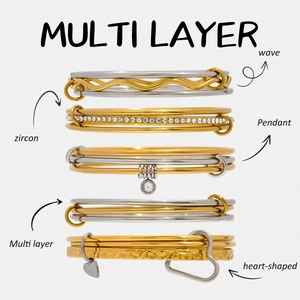 Stainless Steel Bangle Bracelet 18K Gold Plated Multi Layer Interlocked Mixed Color Waterproof Hypoallergenic Jewelry