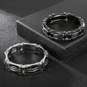 Detailed shot of titanium steel men's bracelets with woven wire rope and link chain design
