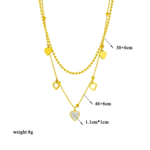Double-layer heart pendant necklace with gold beads and crystals, 30+6cm and 46+6cm chains