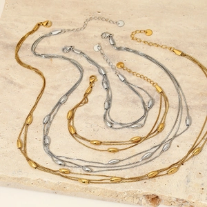 Ensemble collier et bracelet multicouche épi de blé en acier doré et argenté