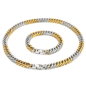 Two-tone gold and silver Cuban link chain necklace and bracelet jewelry set for men