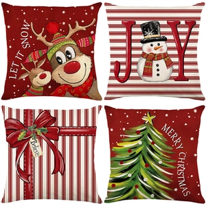 Federa Per Cuscino Di Natale Quadrata Poliestere Texture Lino Stampata Copricuscino Xmas Decorazione Divano Renna Pupazzo Di Neve Motivo