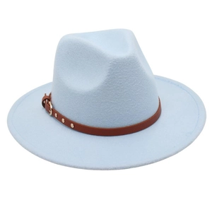 Light blue wool felt fedora hat featuring a brown leather band and gold buckle detail