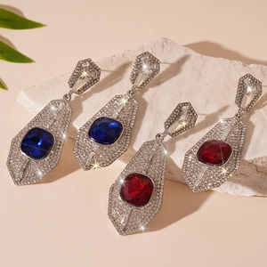 Vintage Luxury Alloy Rhinestone Square Geometric Drop Earrings With 925 Sterling Silver Earring Post For Women Elegant