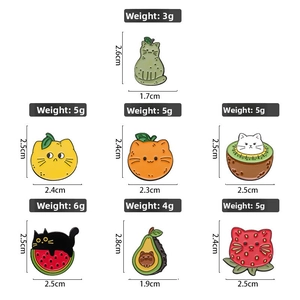 Detailed collection of creative fruit-themed cat enamel pins showing sizes and weights
