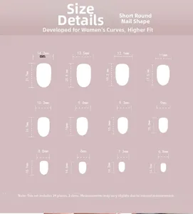 Size chart showing 24 pieces of short round press-on nails in 12 different dimensions