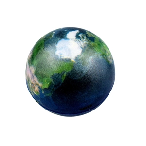 Detailed close-up of Earth globe stress ball made of soft PU foam with world map texture