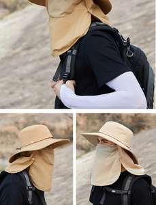 Détail du chapeau de soleil kaki avec masque facial amovible et protection de la nuque