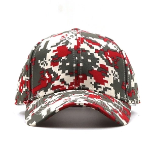 Digital camouflage baseball cap in red and grey with classic six-panel curved brim design