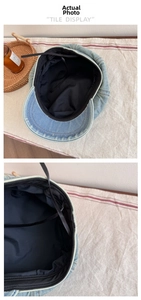 Dettagli del cappello newsboy in denim blu chiaro con fodera interna e laccio regolabile