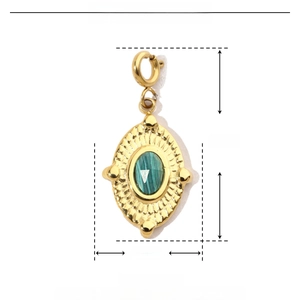 Detailed view of green natural stone pendant with golden stainless steel clasp