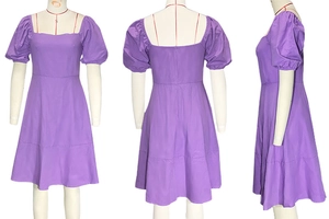 Detailed views of the purple puff sleeve dress with square neck in front, back, and side