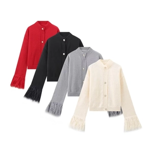 Fashionable crew neck knit cardigan with elegant feather trim cuffs in four colors