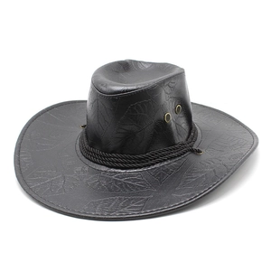 Black western cowboy hat featuring vintage leaf embossed leather and woven trim decoration