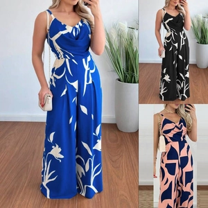 Women Casual Sleeveless Jumpsuit Floral Print Wide Leg Pant Summer V Neck Backless Adjustable Strap Fashion Romper