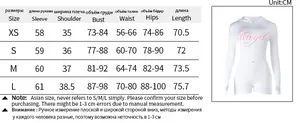Detailed size chart for printed bodysuit with measurements in CM for XS to L sizes
