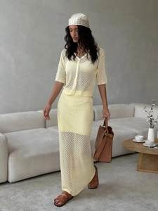Crochet Knit Cardigan And Long Skirt Hollow Out Single Breasted Short Sleeve Summer Vacation Bohemian Elegant Women