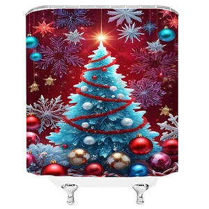 Detail of Christmas shower curtain with glowing ice blue crystal tree and red background