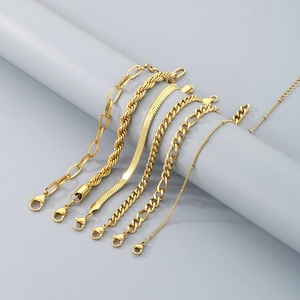 Set of 6 minimalist gold chain bracelets including paperclip, snake, and rope chain styles