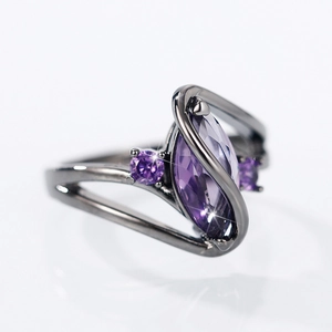Fashionable marquise-cut purple stone ring with gun black plated streamlined metal band