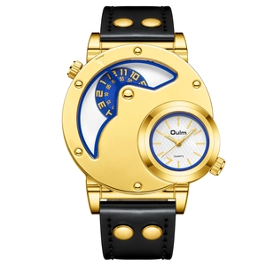 Golden dual timezone quartz watch with black leather strap and studded accents