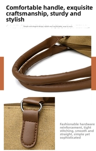 Detail of khaki canvas tote with brown leather handles and silver hardware zipper